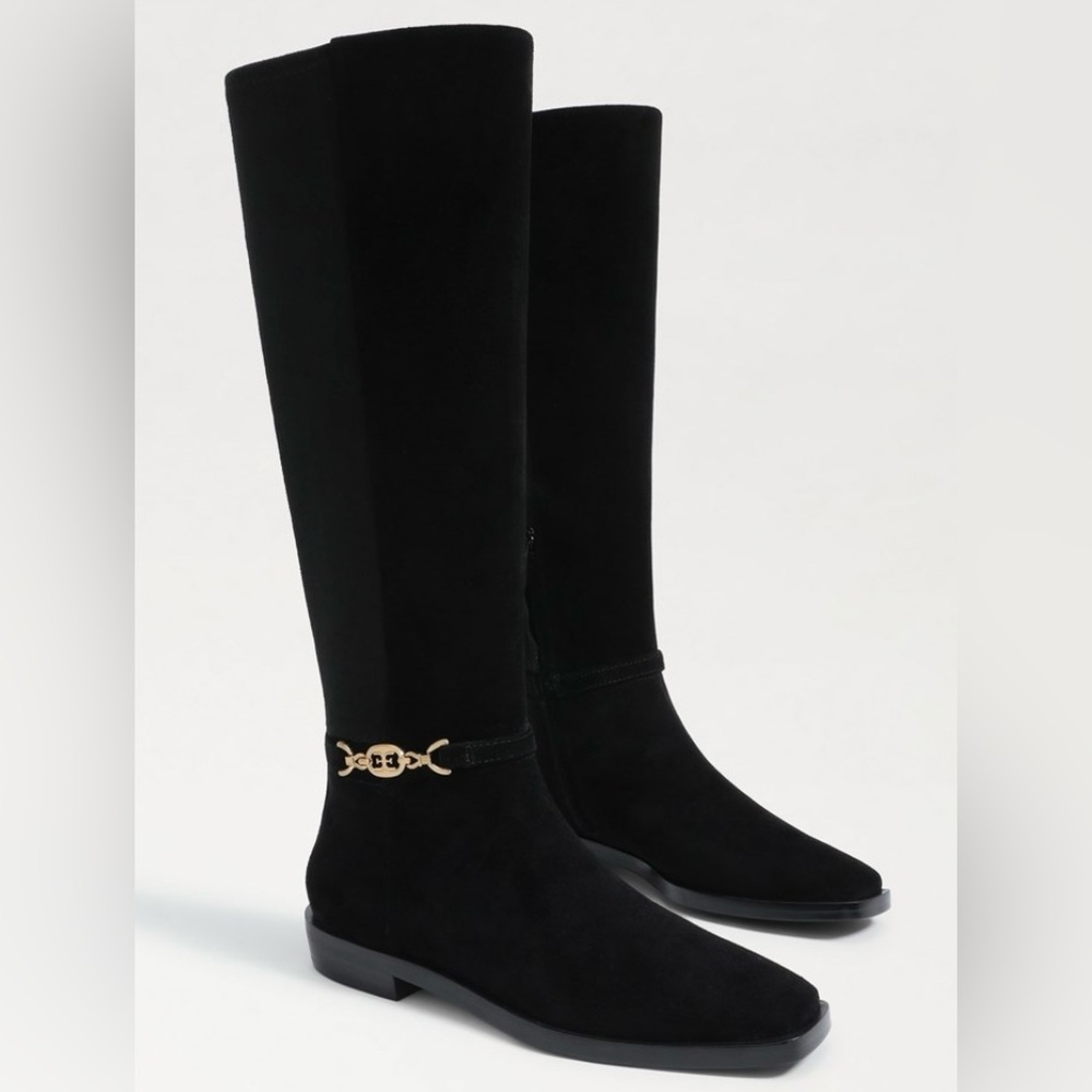 Sam Edelman Women's Clive Gold Buckled Black Velvet Riding Boots Size 8.5